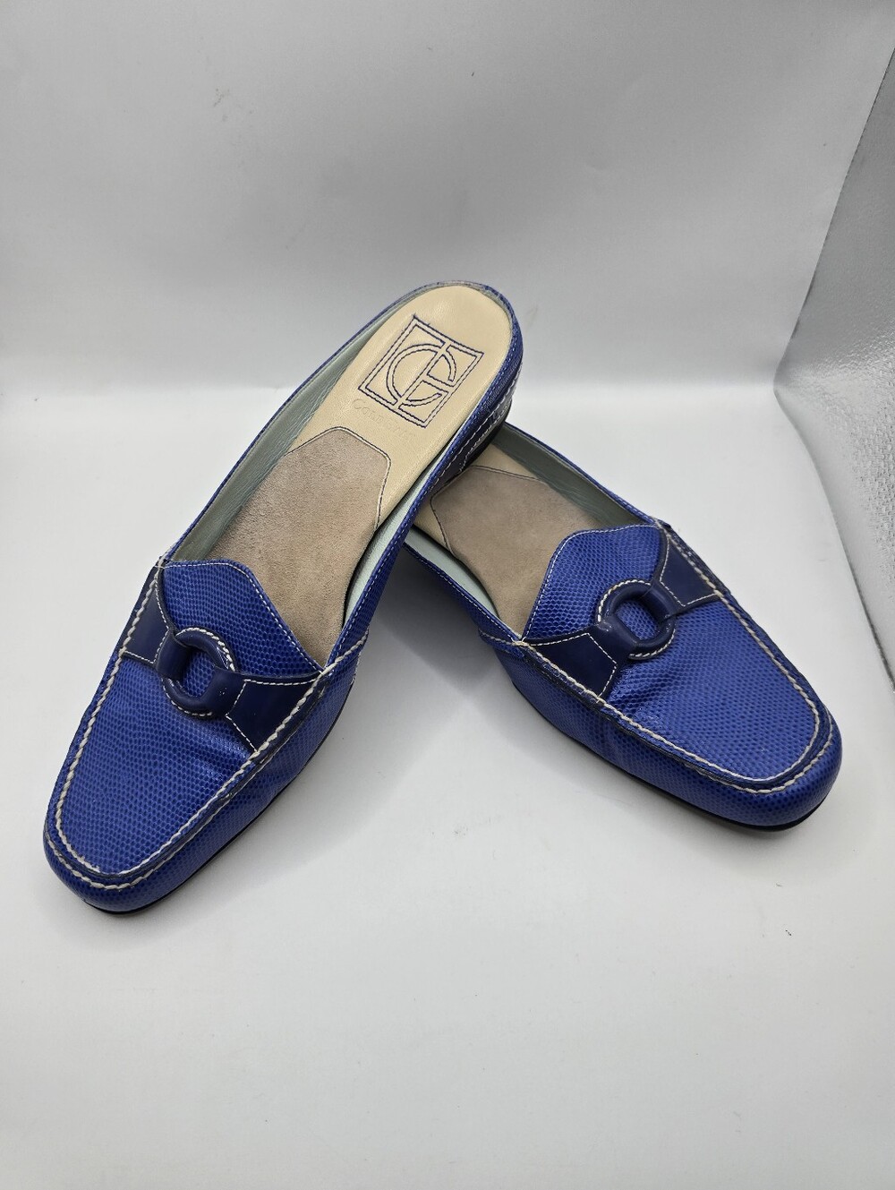 Vtg Cole Haan Royal Blue Lizard Embossed Leather Slide Shoes. Ladies 7B - Picture 3 of 13